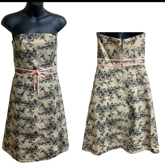 HELEN WANG Beige Shell Black Embroidered Daisies Strapless A-Line Dress - Picture 2 of 11